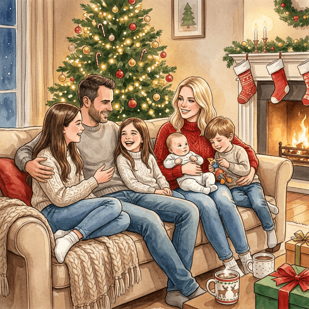 Familia reunida en Navidad junto a la chimenea