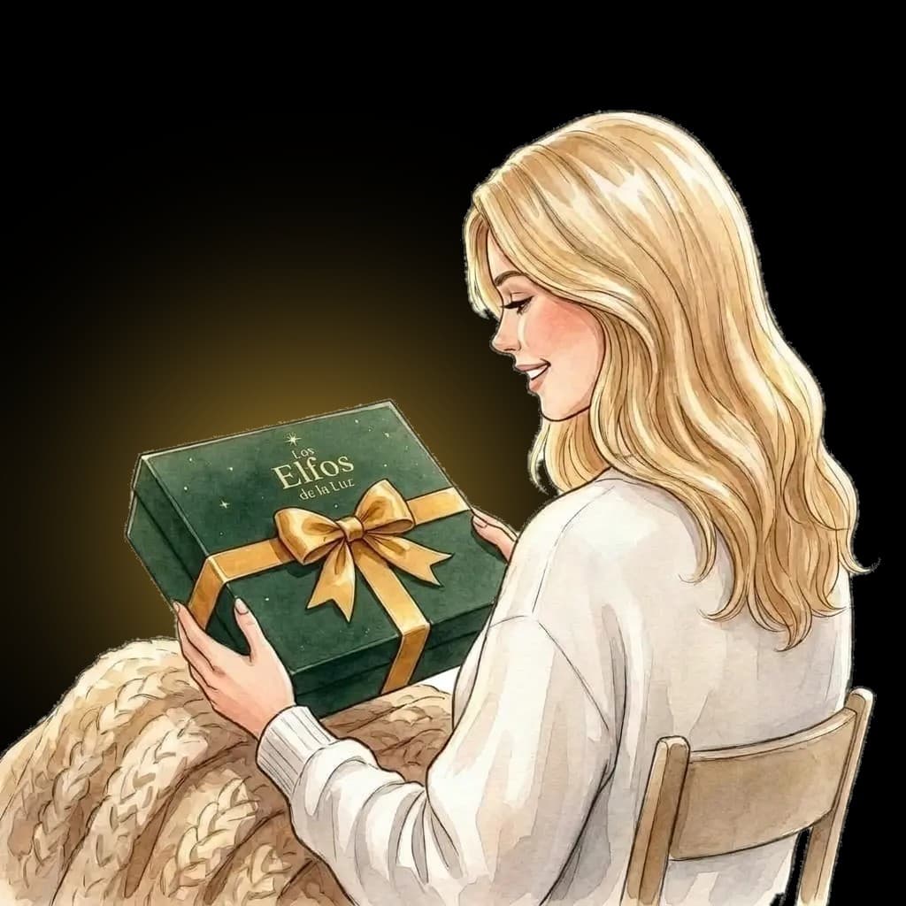 Madre sosteniendo la caja de Los Elfos de la Luz